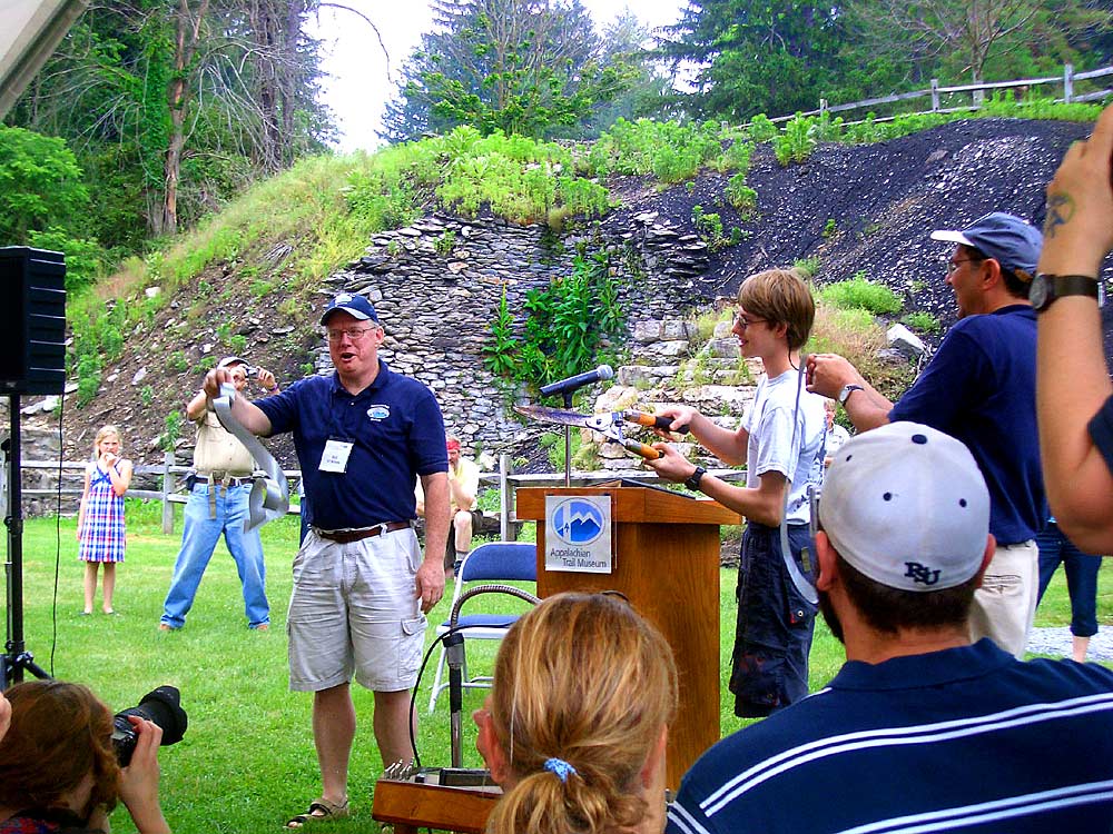 This very young AT trail maintainer is named after the AT founder and visionary Benton MacKaye. Duck tape and brush trimmers were used for the ceremonial ribblon cutting. 